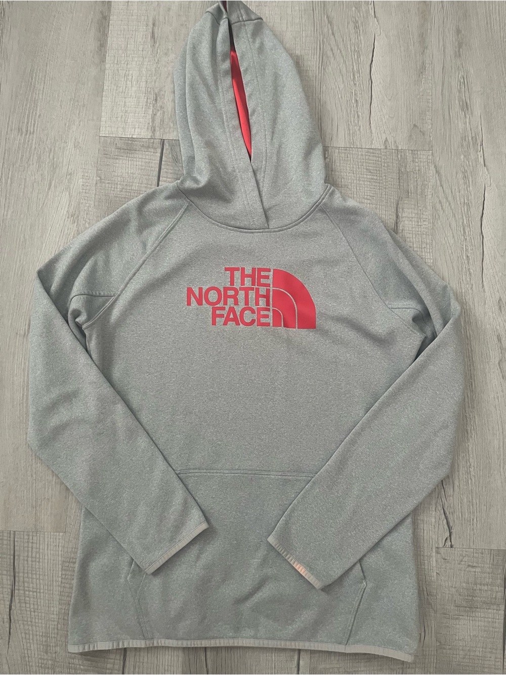 The North Face Light Gray Hoodie Neon Coral Logo Women’s Size L Small Flaw